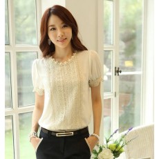 เสื้อชีฟองแขนสั้น ลูกไม้แฟชั่นเกาหลีผู้หญิงทำงานสวยหรูหรา นำเข้า สีขาว ไซส์Mถึง2XL - พร้อมส่งBM2476 ราคา1250บาท