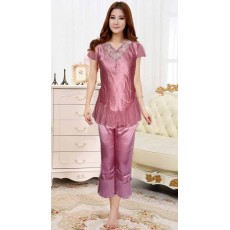 ชุดนอนกางเกง ผ้าซาตินแฟชั่นผู้หญิงแต่งชีฟองระบายหรูสไตล์เกาหลี ไซส์MและL นำเข้า สีม่วง - พร้อมส่งTJ7541 ราคาถูก