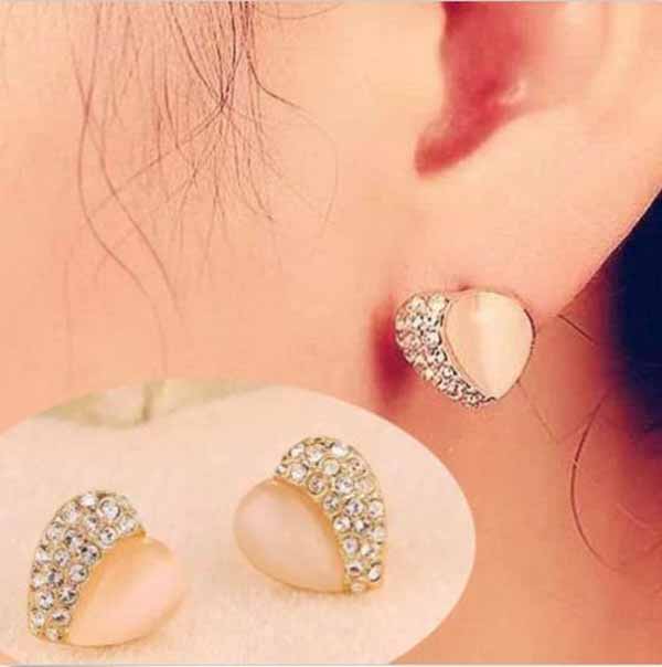 ต่างหูคริสตัล แฟชั่นเกาหลีโอปอลรูปหัวใจสไตล์อัญมณี Heart Crystal Earrings นำเข้า สีชมพู - พร้อมส่งW339 ราคา250บาท