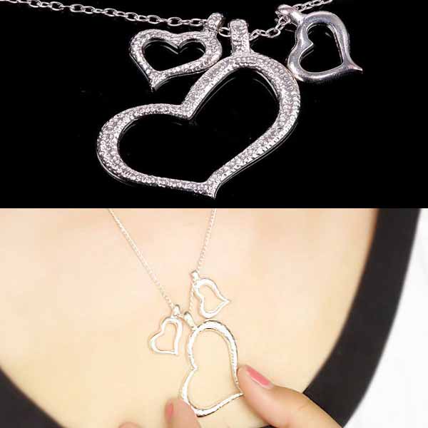 สร้อยคอแฟชั่นเกาหลี รูปหัวใจซ้อน3ดวง Sweet Love Heart Necklace นำเข้า สีเงิน - พร้อมส่งW343 ราคา 250 บาท