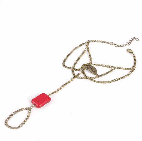 สร้อยข้อมือ แฟชั่นโบฮีเมียคล้องสายโซ่แต่งหินสีแดง Turquoise Chain Bracelet นำเข้า สีทอง - พร้อมส่งW420 ราคา180บาท