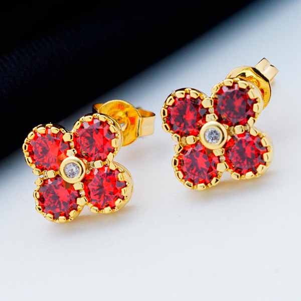 ต่างหูเพชร แฟชั่นเกาหลีแบบห่วงประดับคริสตัลรูปดอกไม้ทอง18K CZ Gold Earrings นำเข้า สีแดง - พร้อมส่งW538 ราคา450บาท